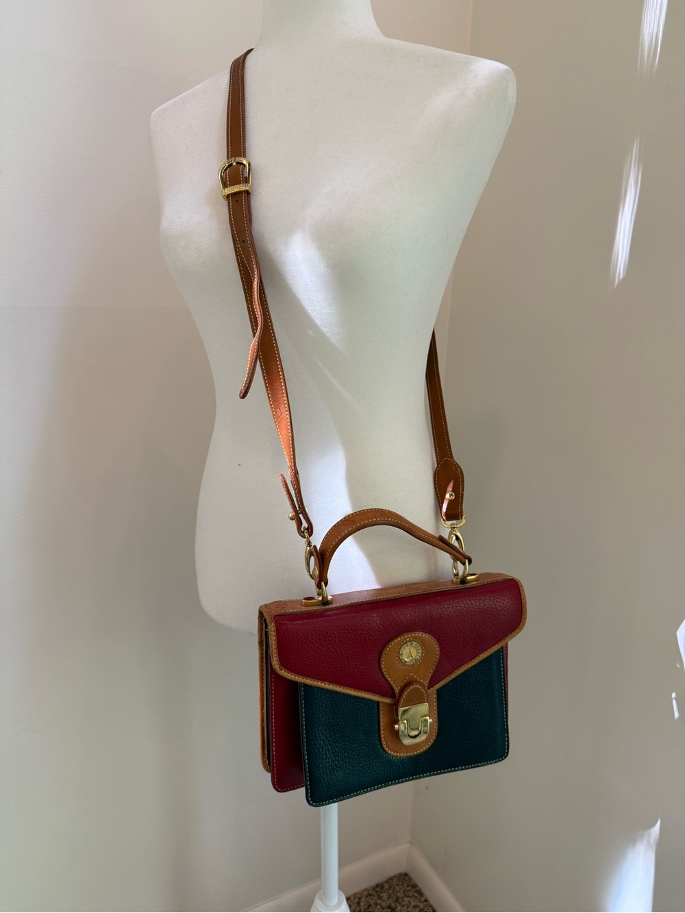 Colorblock Leather Satchel Crossbody in Red, Green & Tan